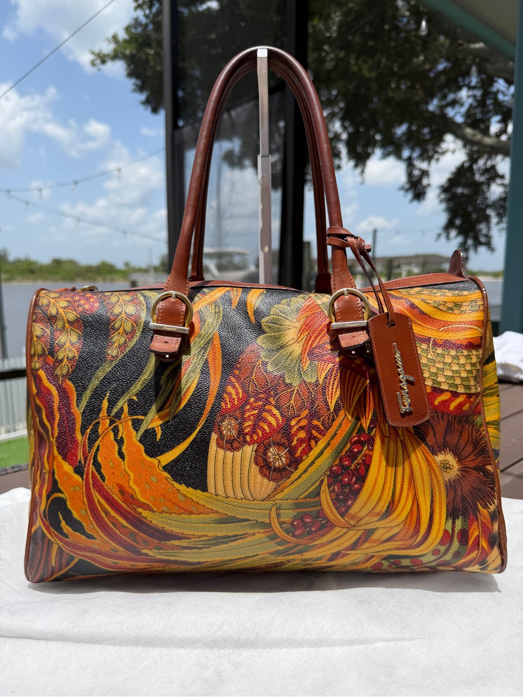 Salvatore Ferragamo Vintage Coated Canvas Print Bird Motif Boston Bag Satchel